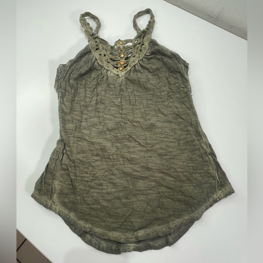 Free People Beaded Olive Green Braided S Top Sleeveless  Boho Festival Beach